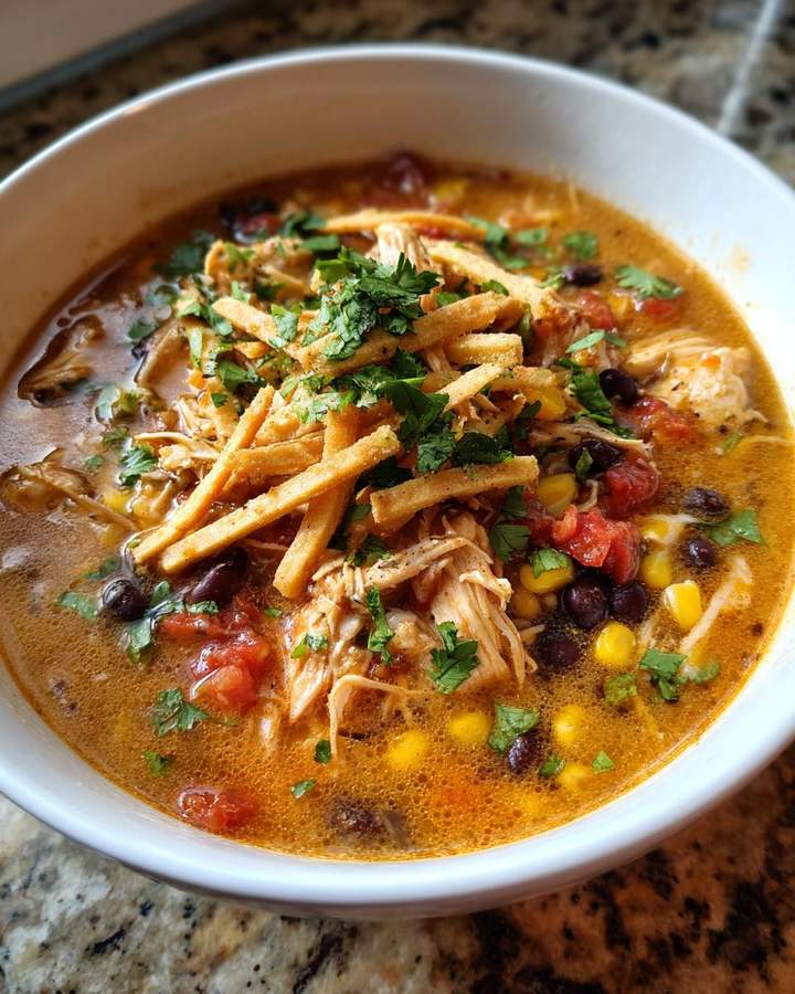 Classic chicken tortilla soup with tomato broth, shredded chicken, crispy tortilla strips, avocado, lime