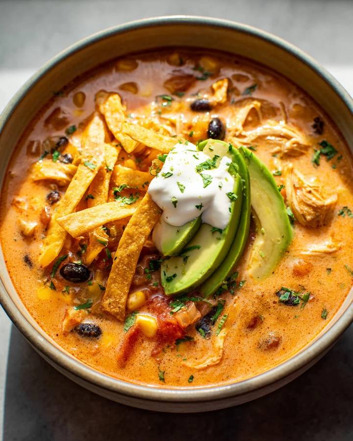 Creamy chicken tortilla soup with velvety broth, shredded chicken, tortilla strips, avocado, and lime