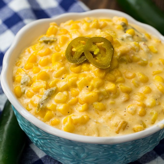 Spicy jalapeño creamed corn, fiery corn in creamy sauce, crockpot side with heat