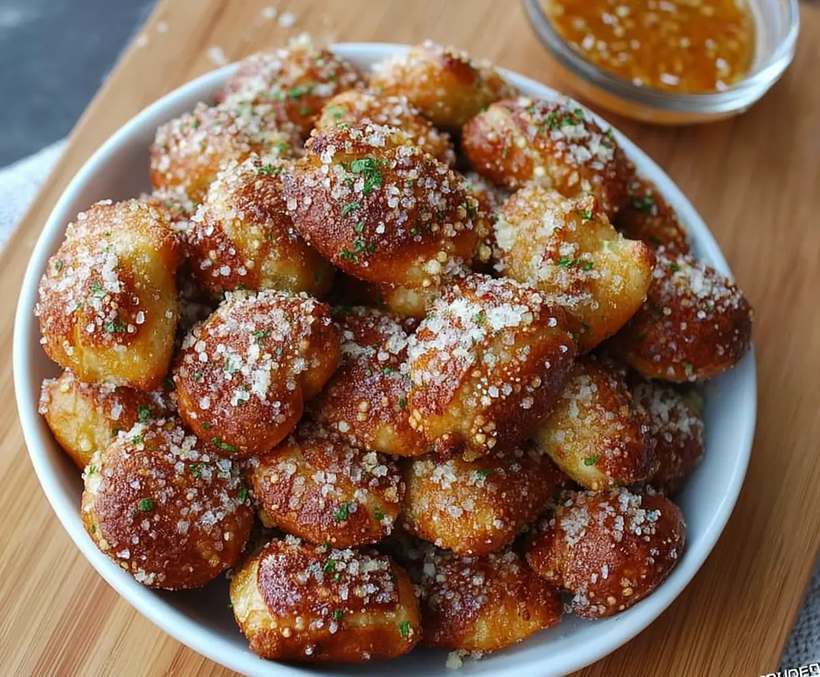 Herb‑infused garlic parmesan pretzel bites dusted with oregano, paired with cheese dip