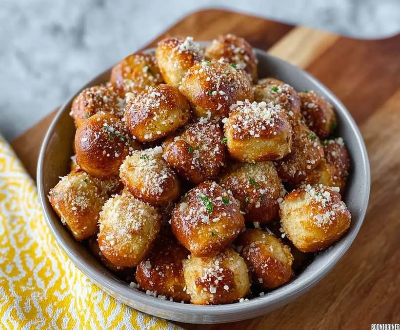 Golden-brown garlic parmesan pretzel bites with coarse sea salt and creamy dip