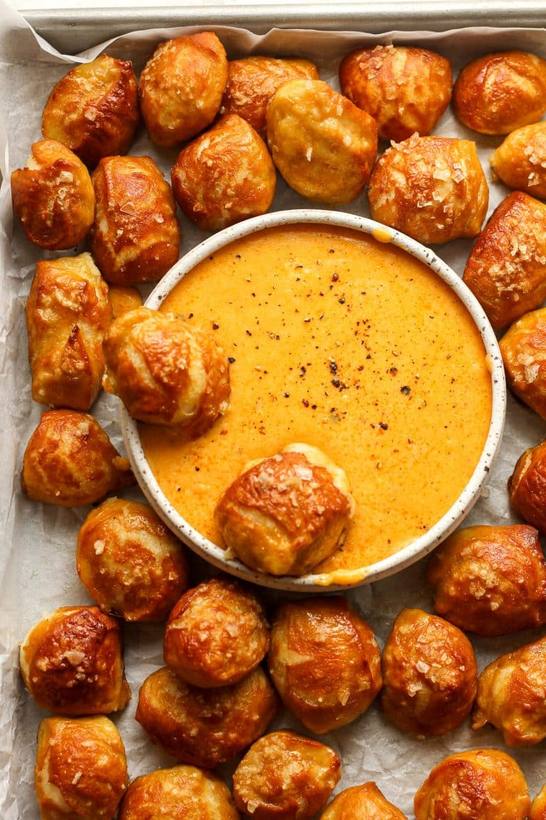 Classic salted soft pretzel bites with golden crust, sea salt, and a creamy dip