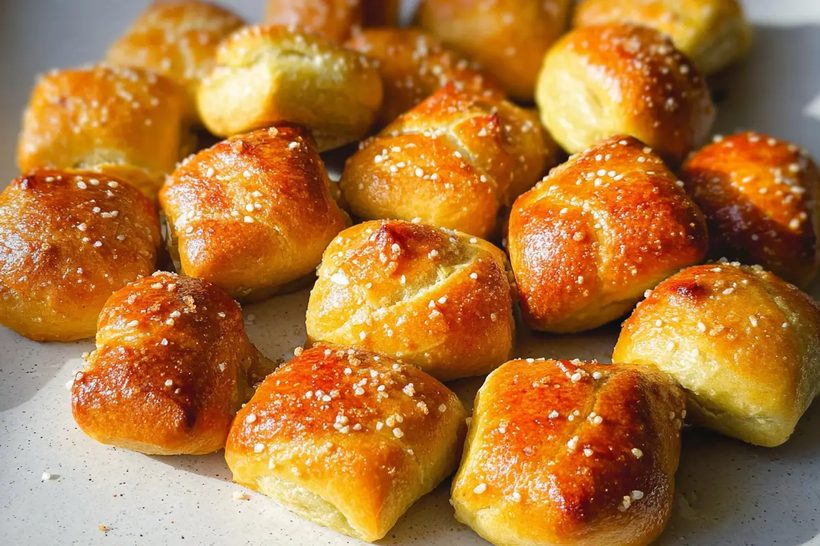 Mini soft pretzel bites with golden crust, sea salt, and a side of cheese dip