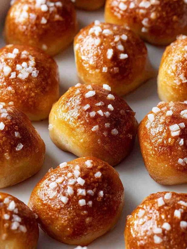 Classic salted soft pretzel bites with golden crust, sea salt, and a creamy dip