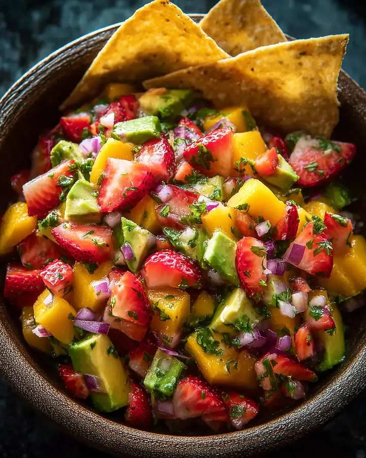 Avocado strawberry mango salsa with ripe strawberries, avocado, mango, lime, and cilantro