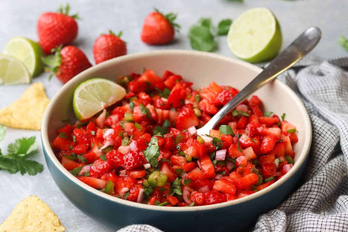 Strawberry salsa featuring cucumber crunch, cilantro, lime, and jalapeño spice