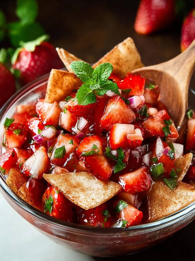 Sweet strawberry salsa paired with crunchy cinnamon sugar chips, lime zest, and mint