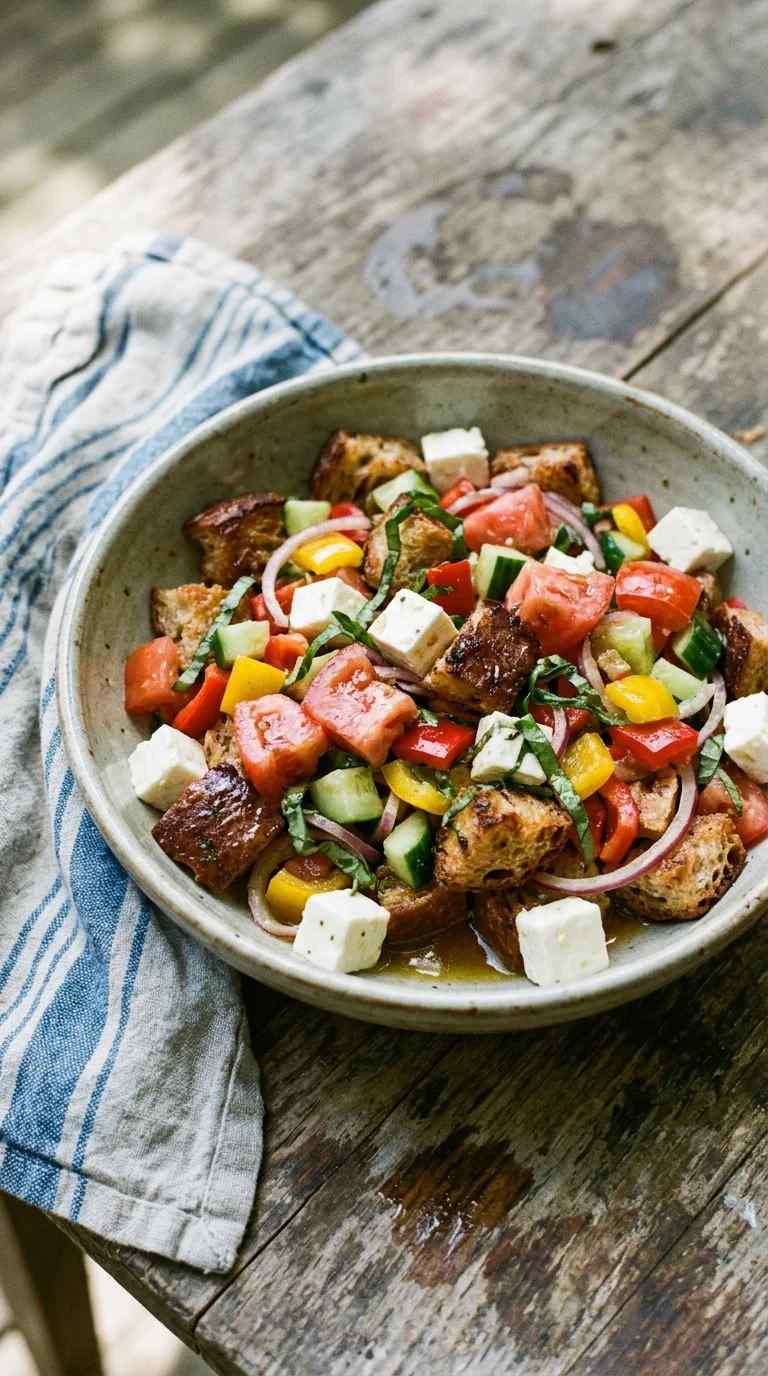 Classic Tuscan panzanella with crusty bread cubes, ripe tomatoes, basil, mozzarella, olive oil