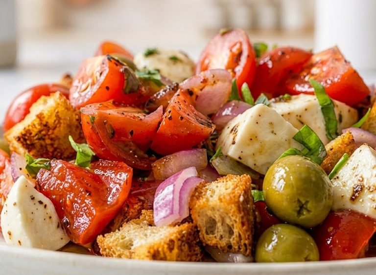 Classic summer panzanella with crusty bread cubes, ripe tomatoes, basil, mozzarella, and olive oil