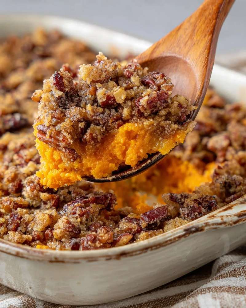 Crispy pecan streusel topping over creamy spiced sweet potato casserole bubbling in baking dish
