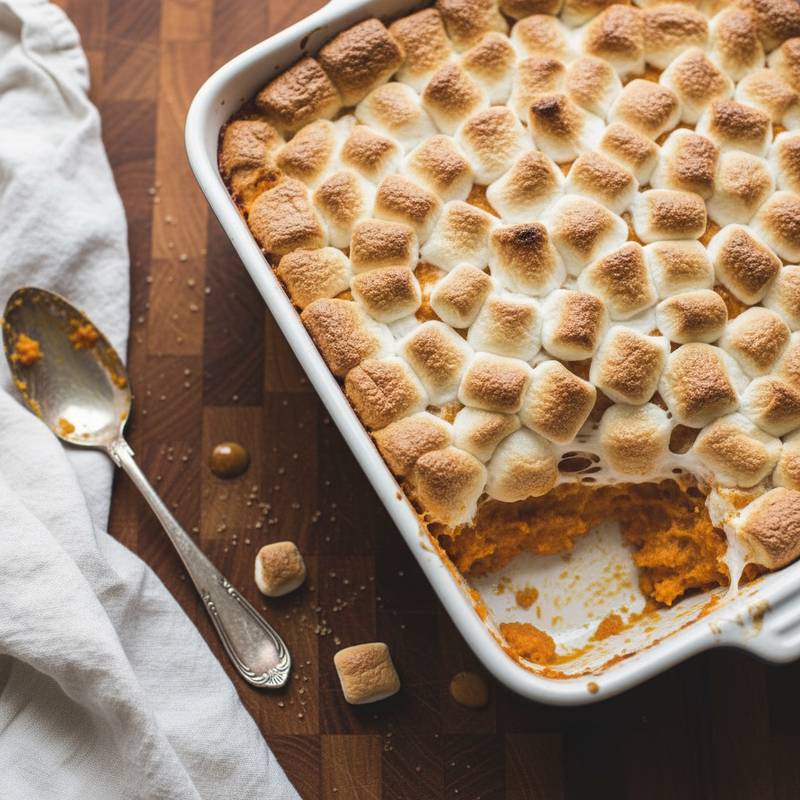 Classic marshmallow-topped sweet potato casserole with toasted golden brown gooey marshmallow crown